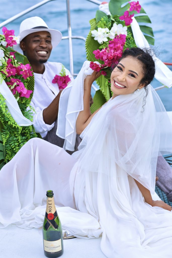 Castaway Wedding Zanzibar bride and groom on yacht